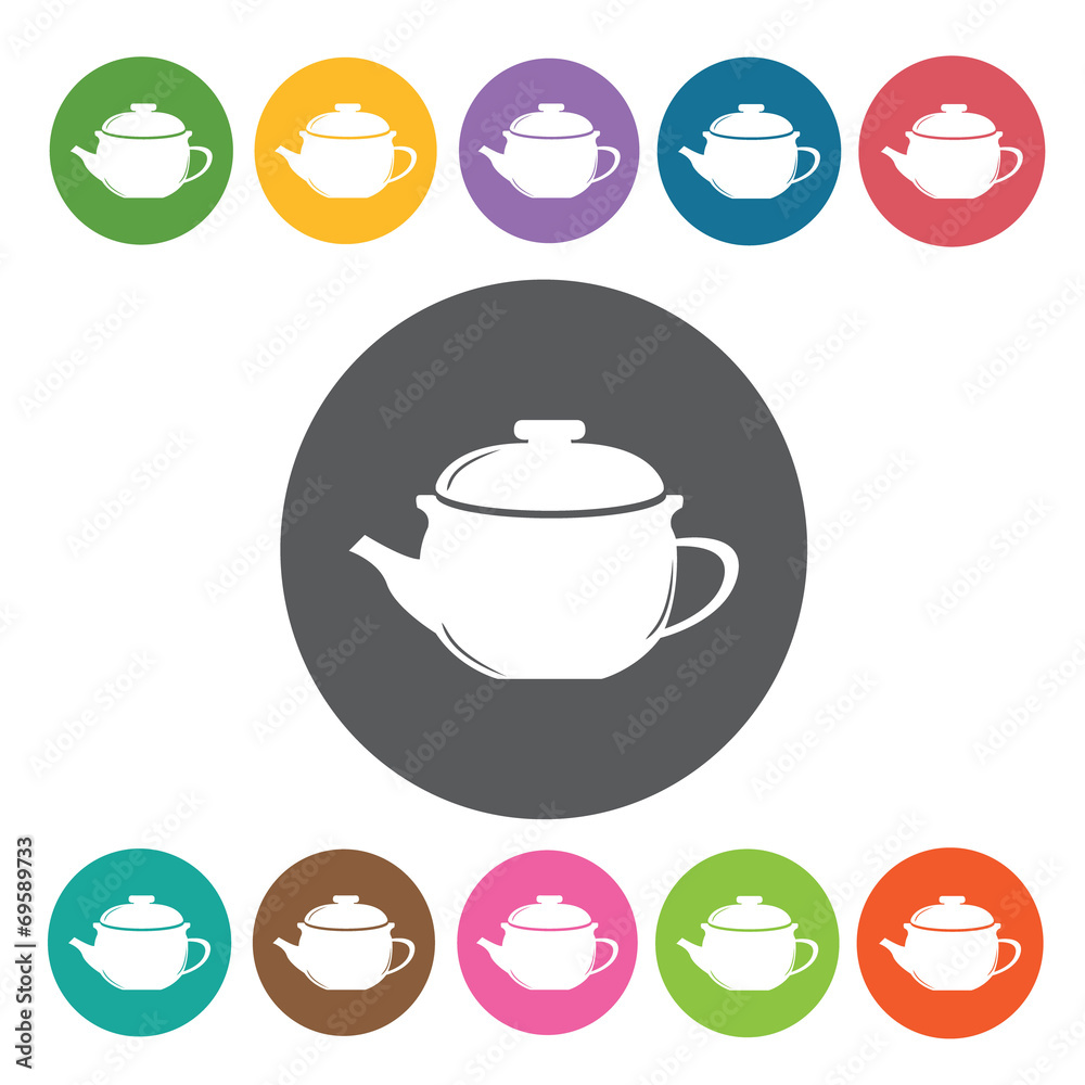 Tea pot icons set. Round colourful 12 buttons. Vector illustrati Tea pot icons set. Round colourful 12 buttons. Vector illustrati
