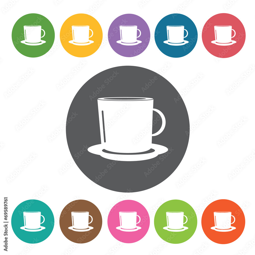 Cup and saucer icons set. Round colourful 12 buttons. Vector ill Cup and saucer icons set. Round colourful 12 buttons. Vector ill
