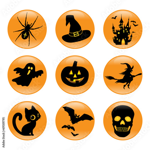 Halloween, Button, Icon, Sammlung, Vektor, schwarz, orange