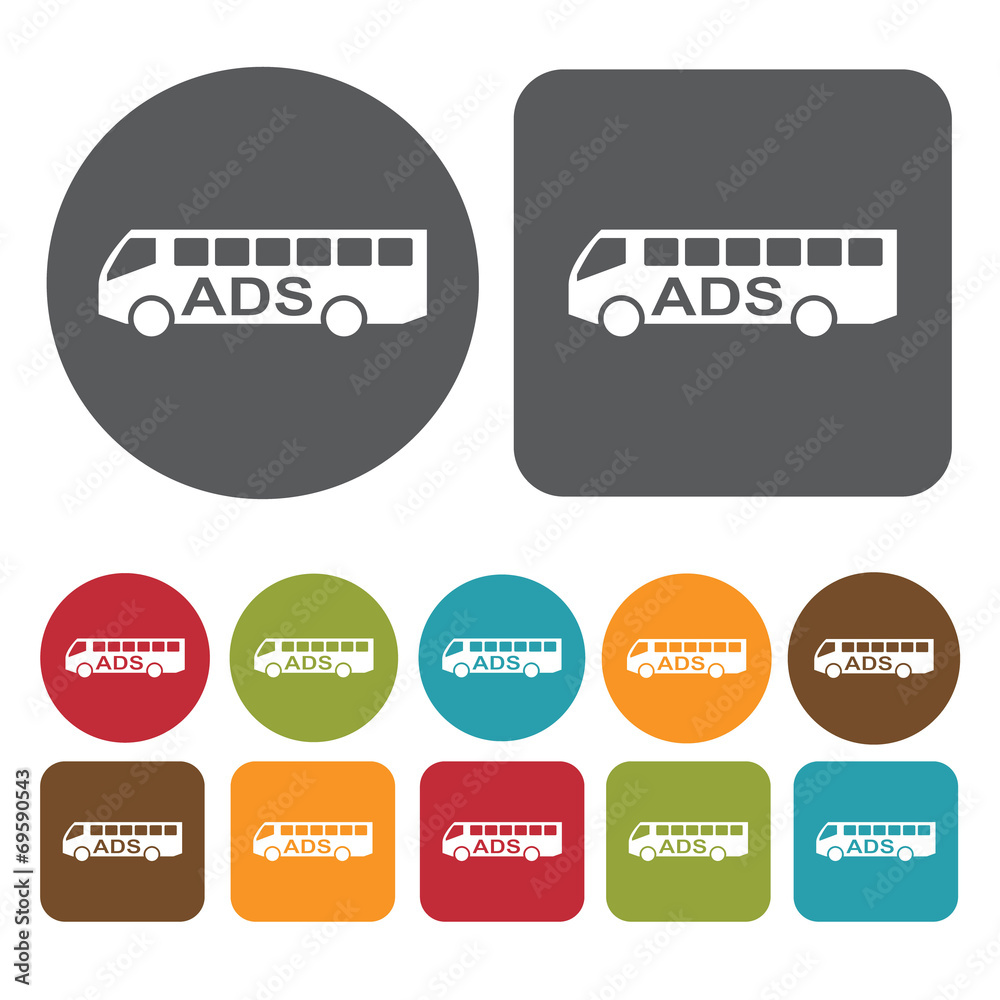 Ads on bus icons set. Round and rectangle colourful 12 buttons. Ads on bus icons set. Round and rectangle colourful 12 buttons.