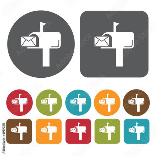 Mailbox icons set. Round and rectangle colourful 12 buttons. Vec