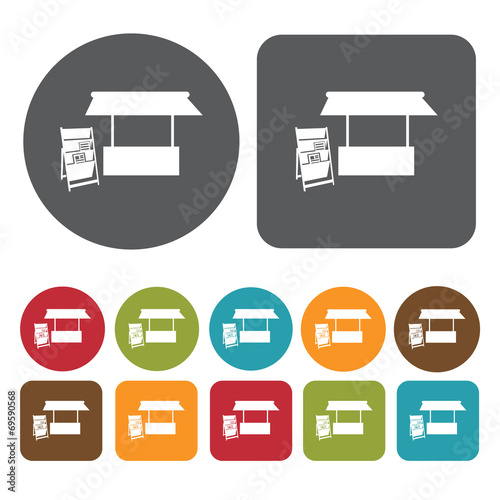 Newspaper stand icons set. Round and rectangle colourful 12 butt