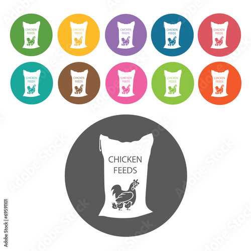 Chicken feeds in sack icons set. Round colourful 12 buttons. Vec