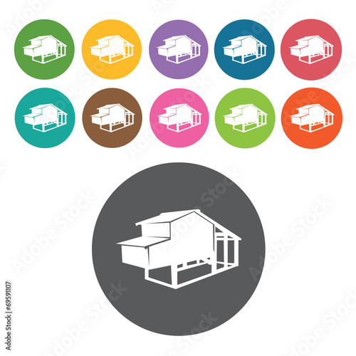 Chicken coop icons set. Round colourful 12 buttons. Vector illus