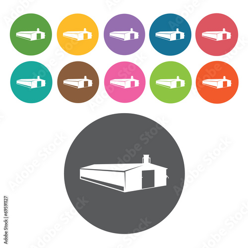 Chicken production building icons set. Round colourful 12 button