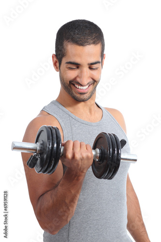 Arab happy man exercising lifting weights