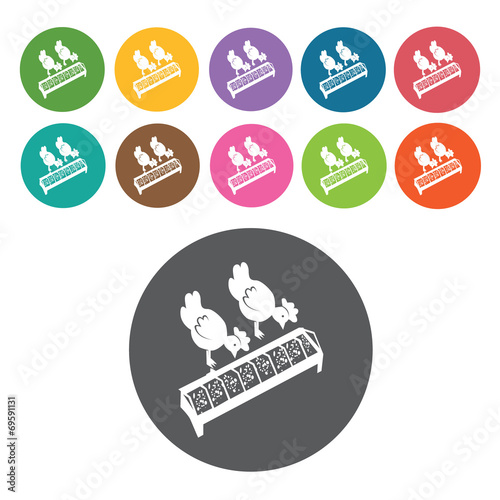 Chicken feeder icons set. Round colourful 12 buttons. Vector ill
