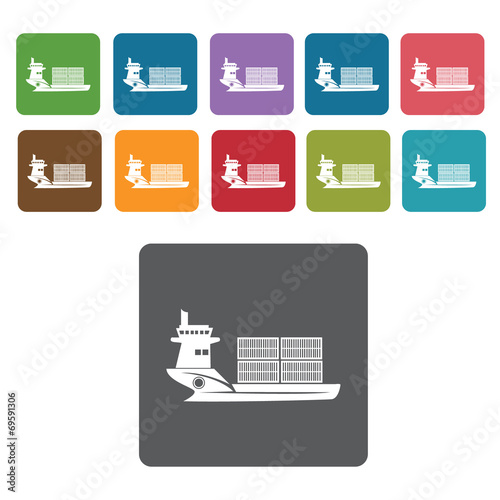 Cargo container ship icons set. Rectangle colourful 12 buttons.