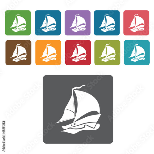 Sail boat icons set. Rectangle colourful 12 buttons. Vector illu