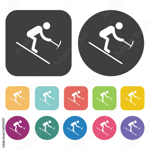 Downhill skiing icons set. Round and rectangle colourful 12 butt