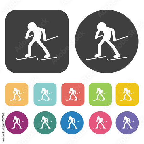 Stylized freeride skier icons set. Round and rectangle colourful