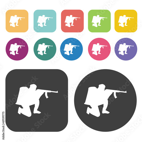 Soldier on combat icons set. Round and rectangle colourful 12 bu