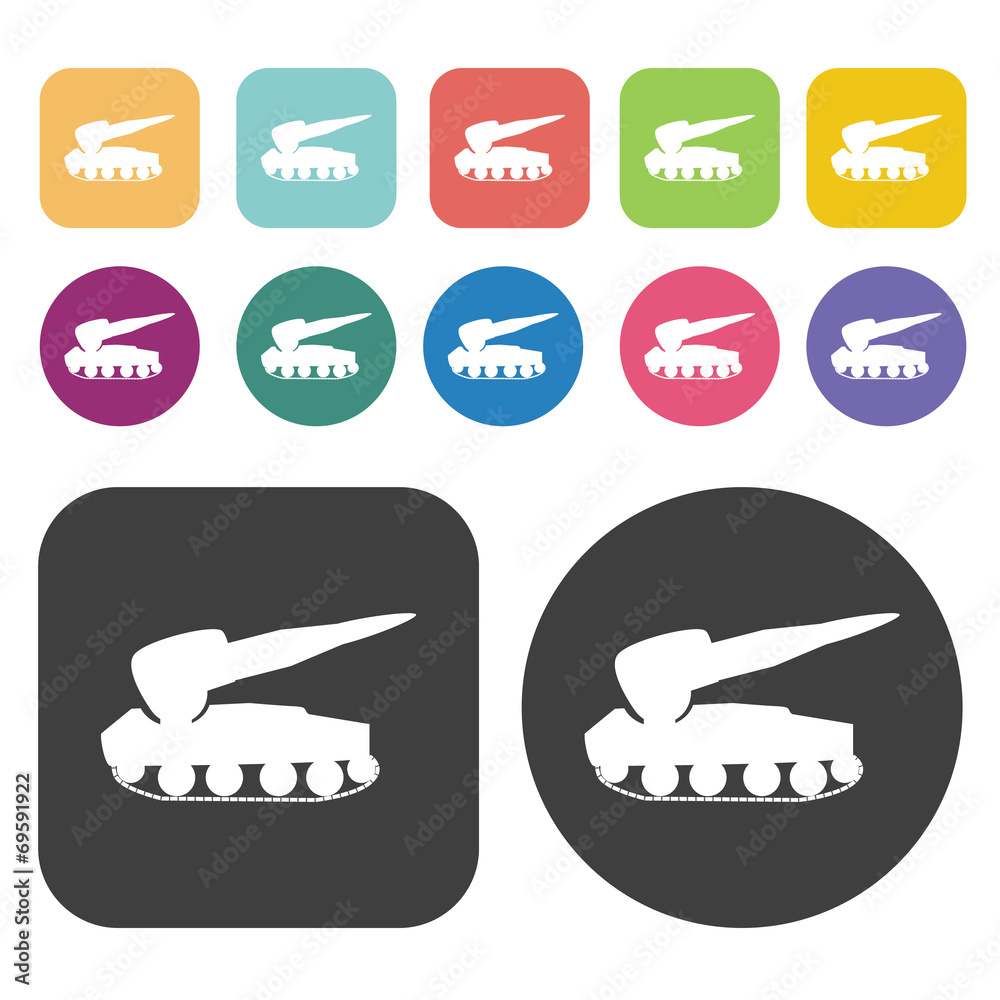 Tank with missile icons set. Round and rectangle colourful 12 bu Tank with missile icons set. Round and rectangle colourful 12 bu