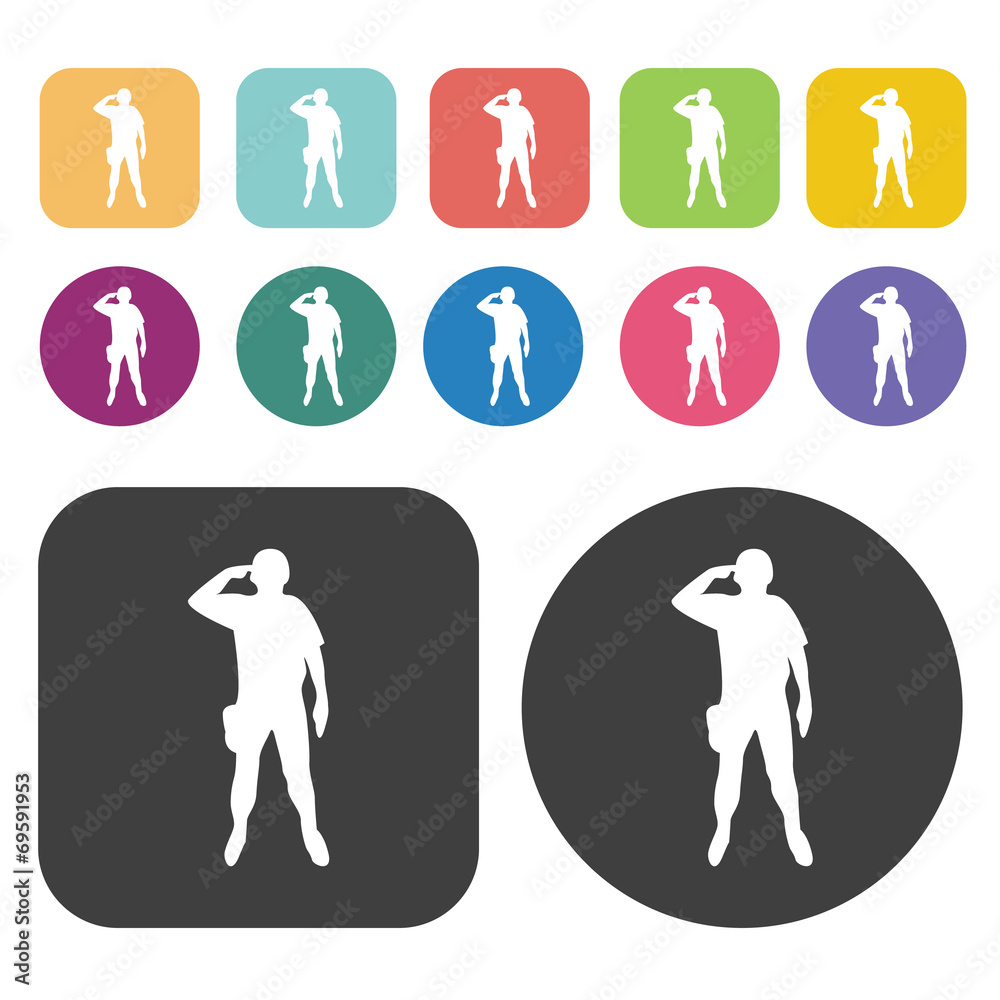 Soldier salute icons set. Round and rectangle colourful 12 butto Soldier salute icons set. Round and rectangle colourful 12 butto