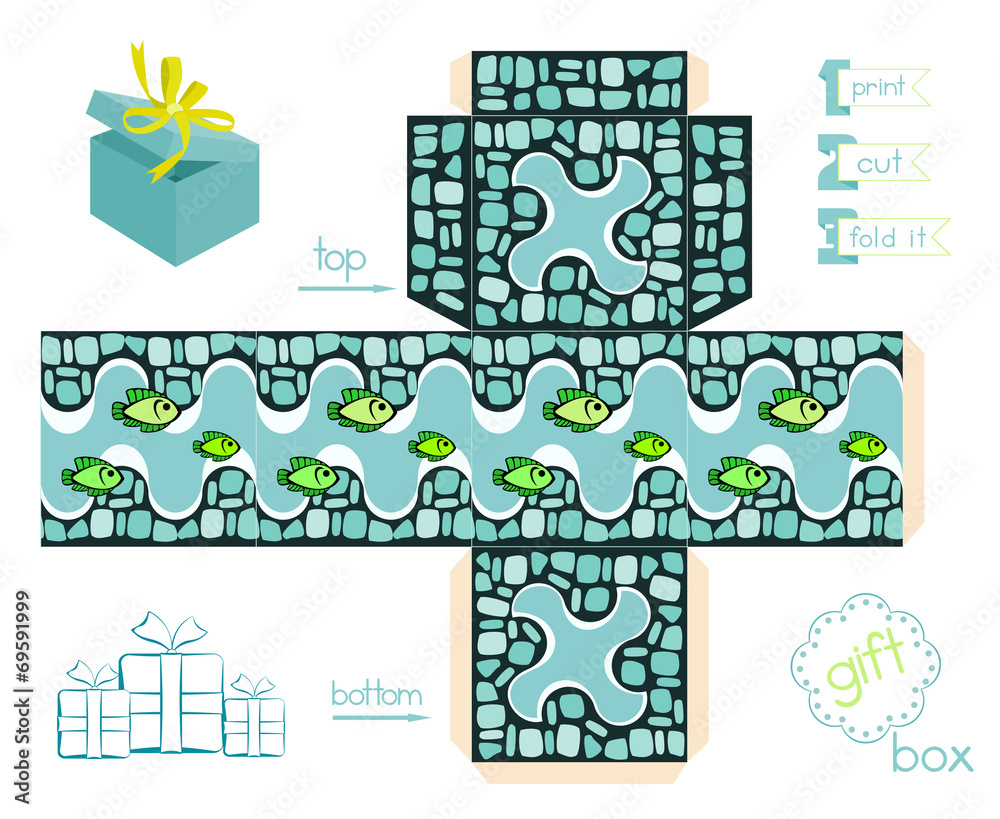 Printable Gift Box With Mosaic Pattern And Fishes