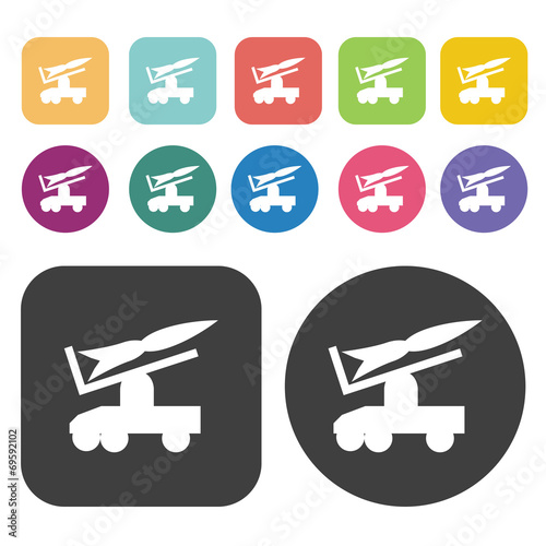 Jeep missile carrier icons set. Round and rectangle colourful 12