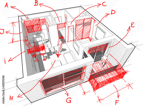 Apartment diagram with hand drawn architect`s notes