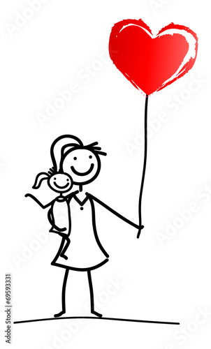 Frau mit Kind und Herzluftballon, Ein Herz und eine Seele, liebevolle Zuwendung in der Erziehung und beim Aufwachsen eines Kindes, Verantwortung in der Erziehung