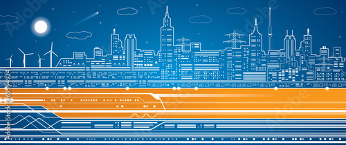 Vector lines train, train on the background of the light city