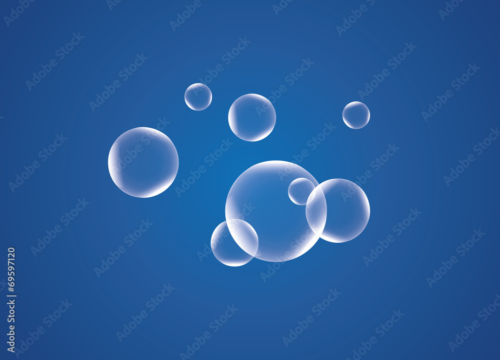 Drawn plastic transparent bubbles on a blue background