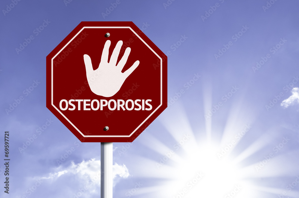 Stop Osteoporosis (Porous bones) red sign with sun background Stop Osteoporosis (Porous bones) red sign with sun background