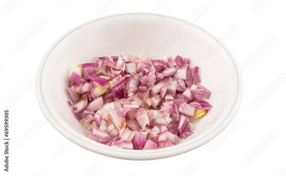 Chopped onions in a bowl over white background Chopped onions in a bowl over white background