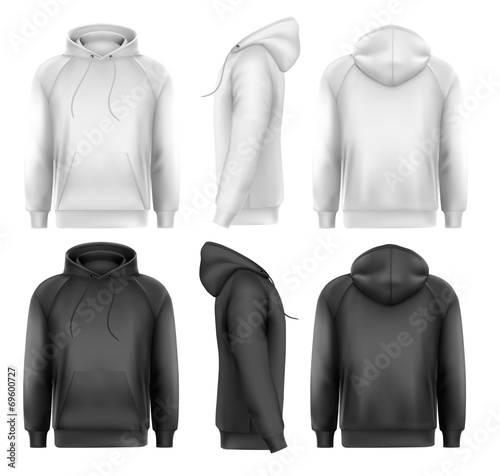 Set of black and white male hoodies with sample text space. Vect