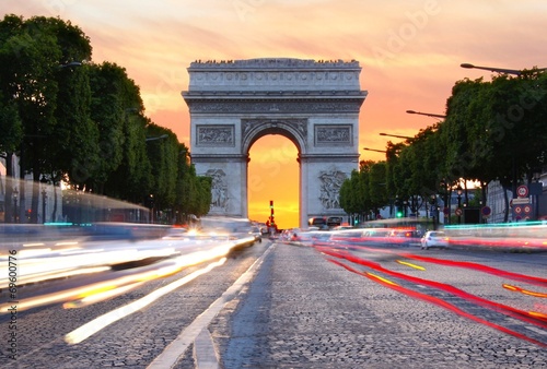 Champs-Élysées and the Arc de Triomphe at sunset, Paris, France