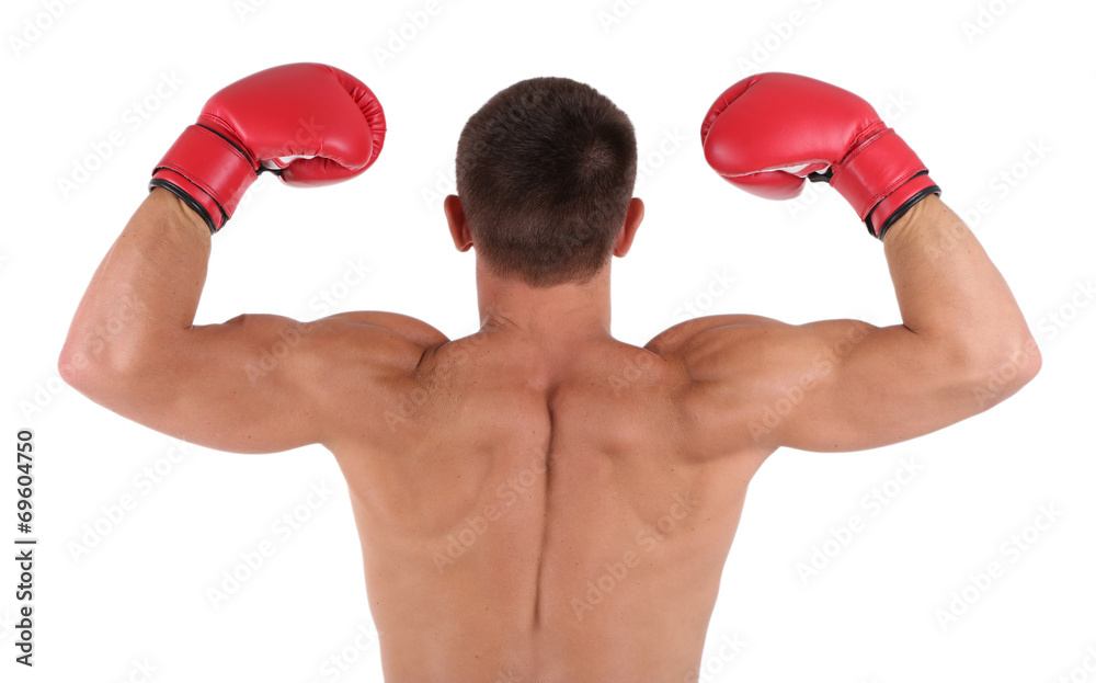 Handsome young muscular sportsman with boxing gloves isolated Handsome young muscular sportsman with boxing gloves isolated