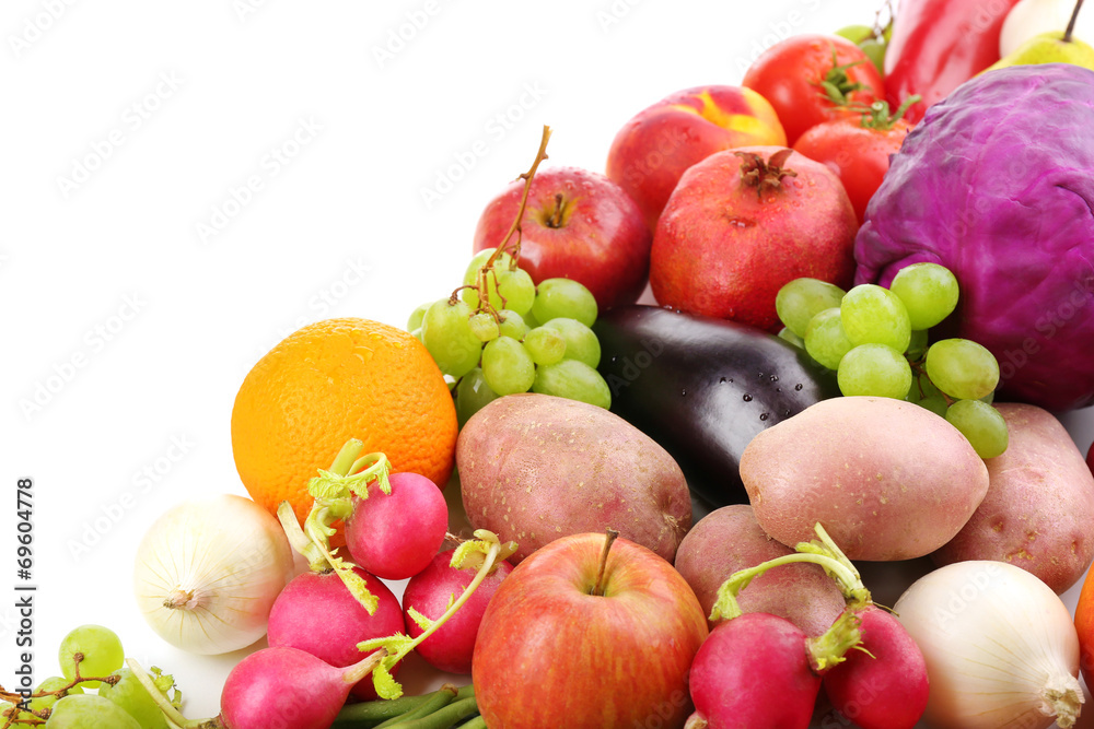 Fresh organic vegetables and fruits isolated on white Fresh organic vegetables and fruits isolated on white