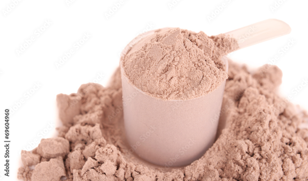 Whey protein powder in scoop isolated on white Stock Photo