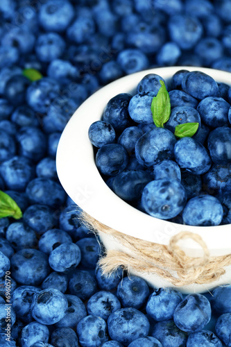 Tasty ripe blueberries in bowl, close up
