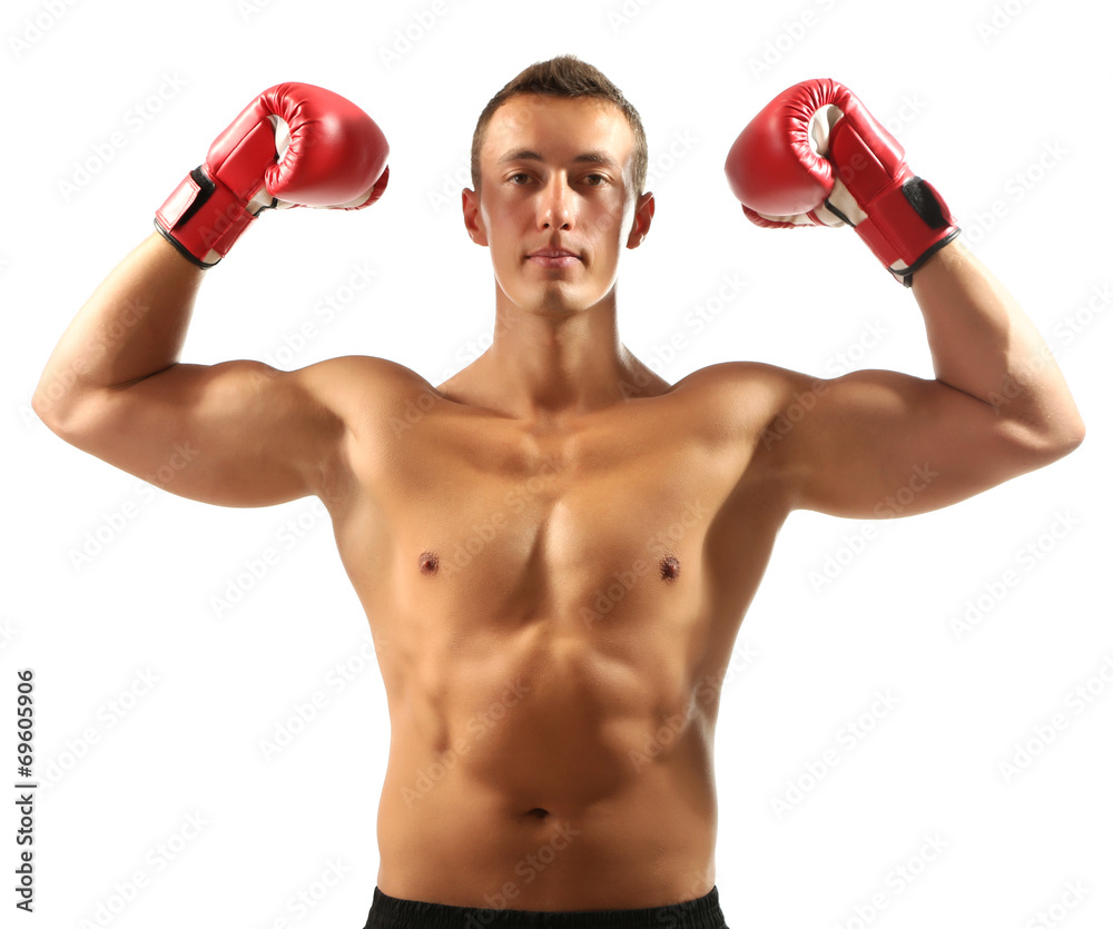 Handsome young muscular sportsman with boxing gloves isolated Handsome young muscular sportsman with boxing gloves isolated