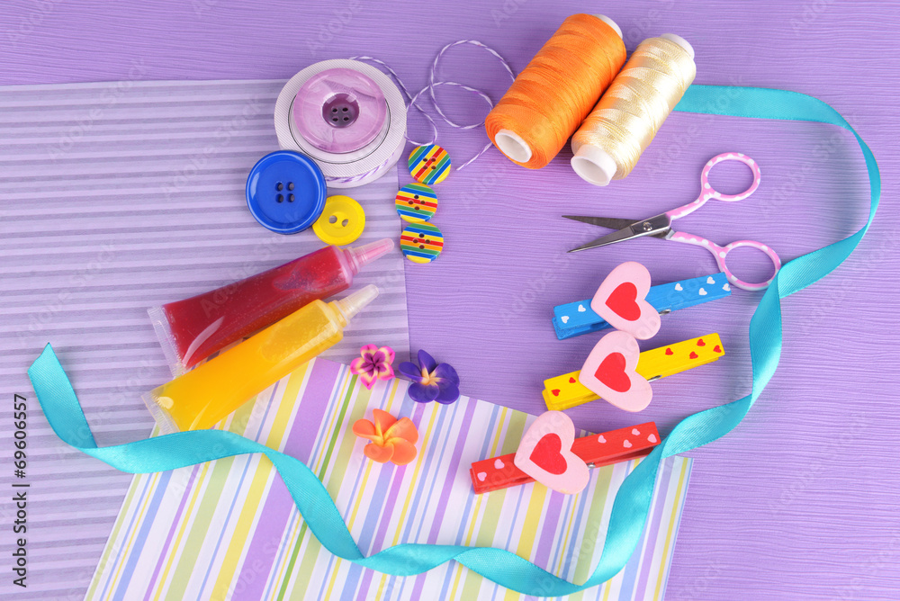 Scrapbooking craft materials on bright background Scrapbooking craft materials on bright background
