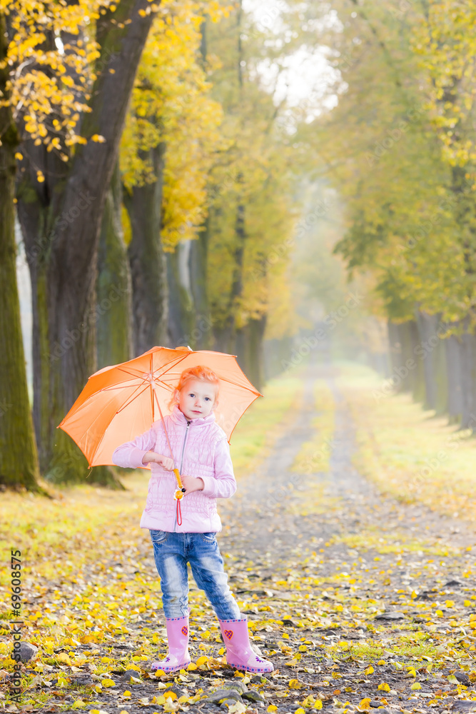 Obraz premium little girl with umbrella in autumnal alley