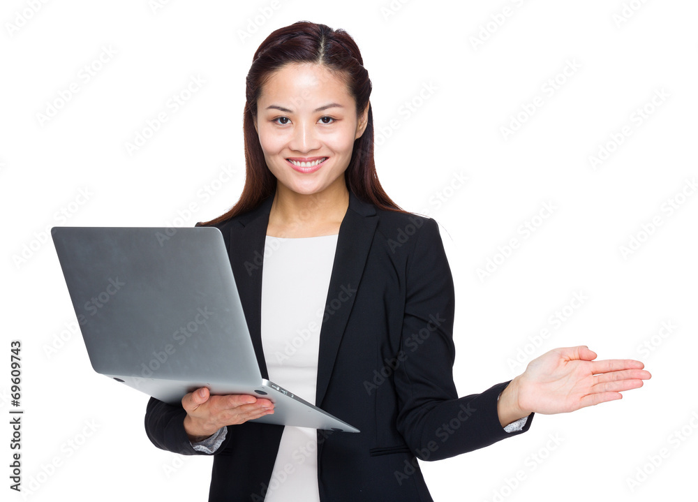 Businesswoman with laptop present Businesswoman with laptop present
