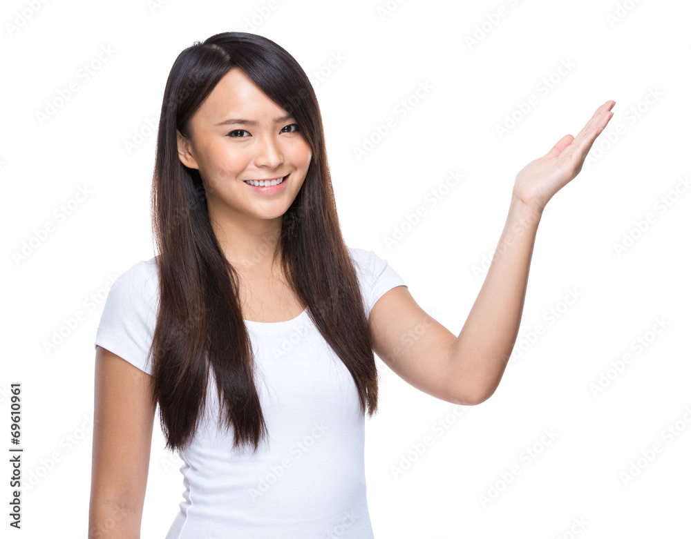 Woman with hand presentation Woman with hand presentation