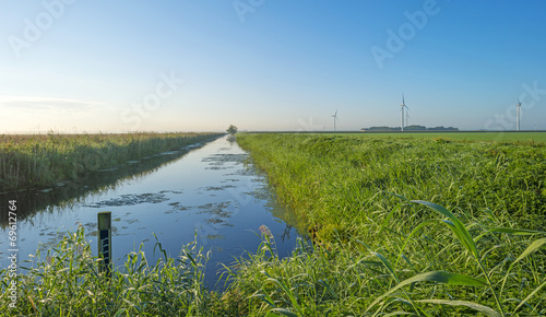 Canal through a rural landscape at dawn
