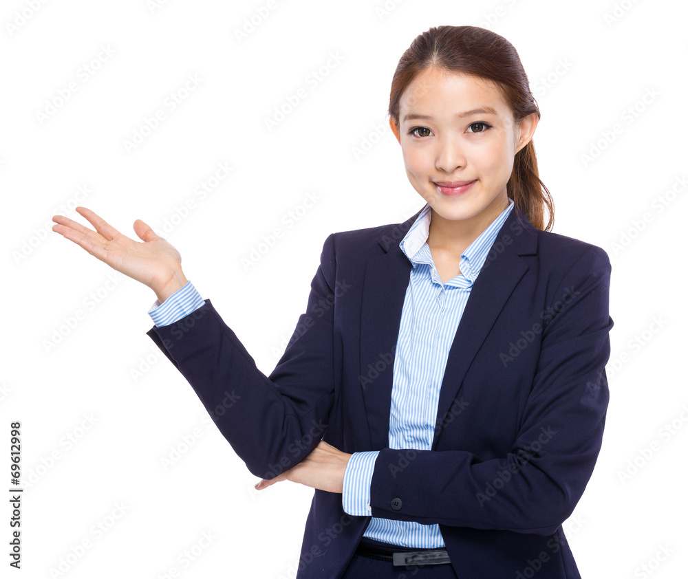 Businesswoman with hand show with blank sign Businesswoman with hand show with blank sign