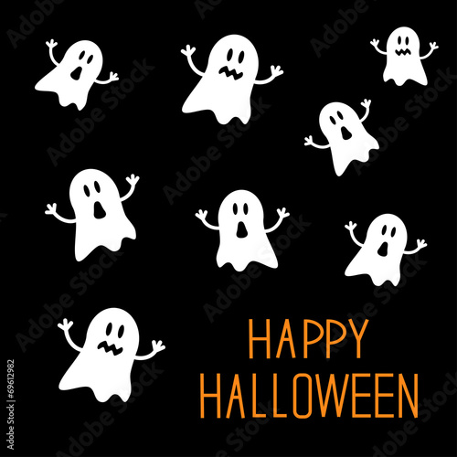 Many spook ghosts. Happy Halloween card. Flat design.