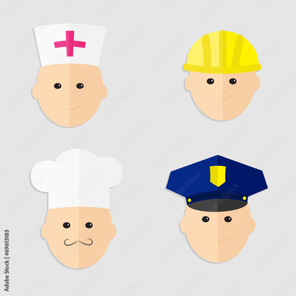 Professions man head set Policeman chef  worker doctor Flat 
