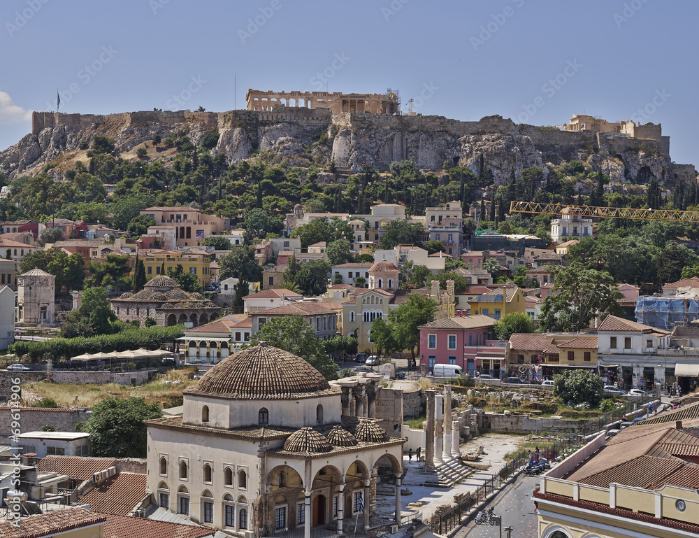 Acropolis and Plaka famous neighborhood, Athens Greece