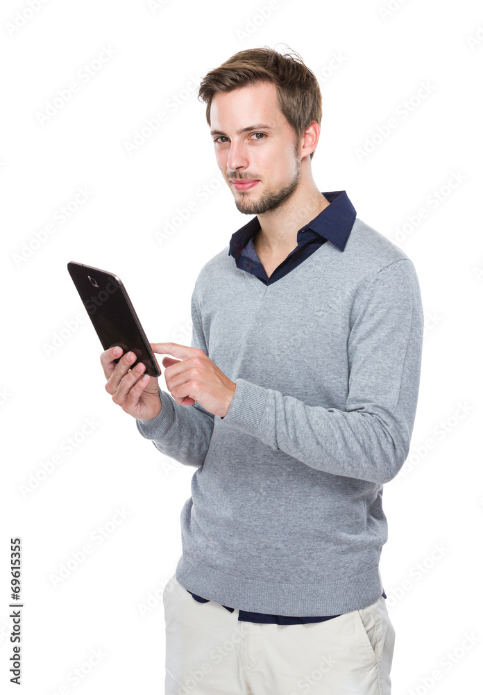 Caucasian man touch on digital tablet Caucasian man touch on digital tablet