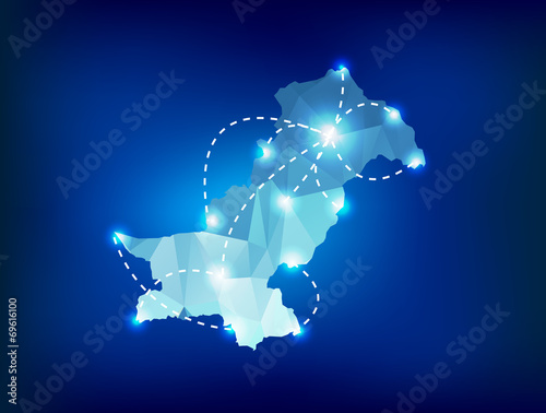 Pakistan country map polygonal with spot lights places
