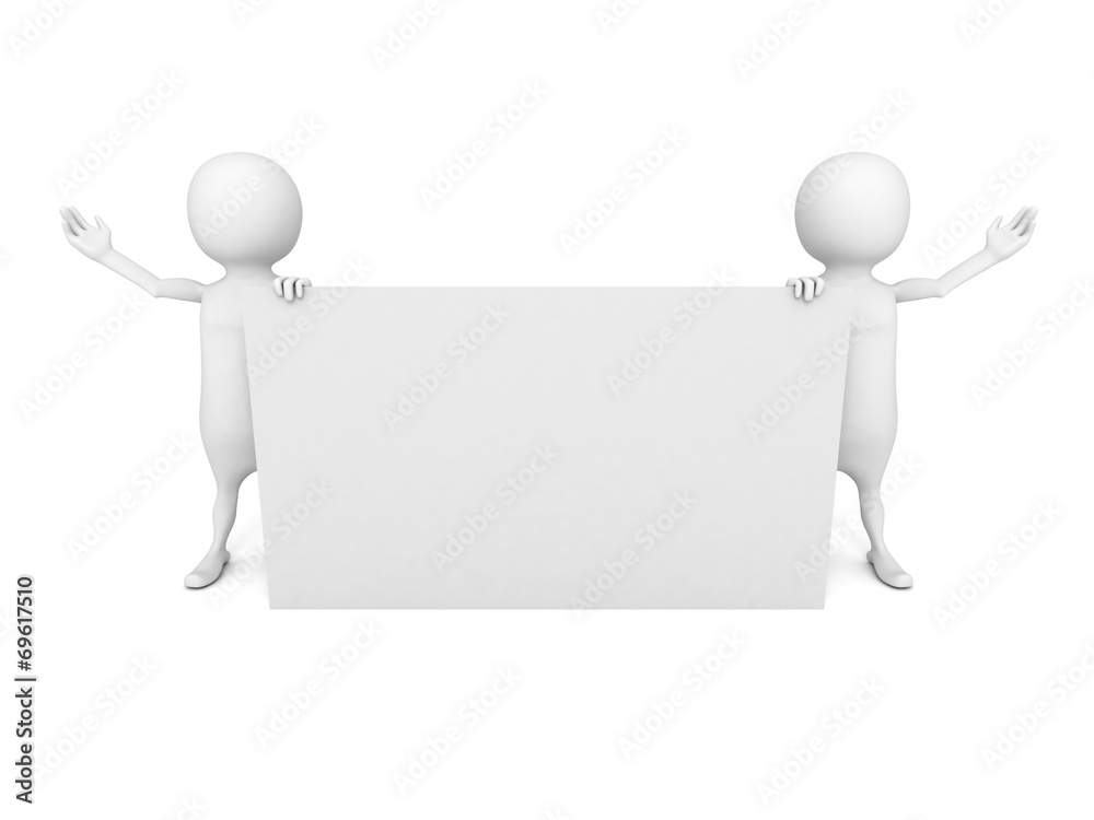3d persons showing blank paper on white background 3d persons showing blank paper on white background