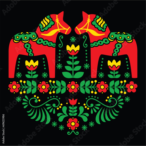 Swedish Dala or Daleclarian horse folk art pattern on black