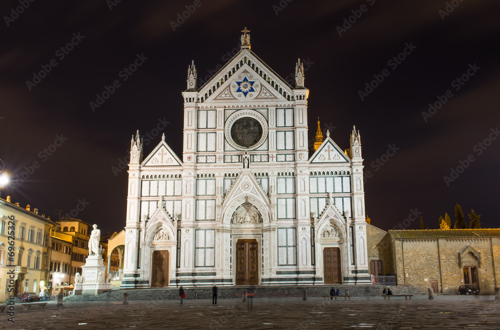 Night view of Basilica di Santa Croce in Florence, Italy