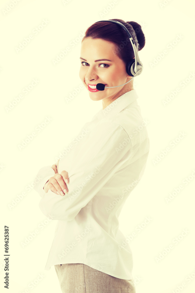 Beautiful woman on call center with microphone and headphones. Beautiful woman on call center with microphone and headphones.