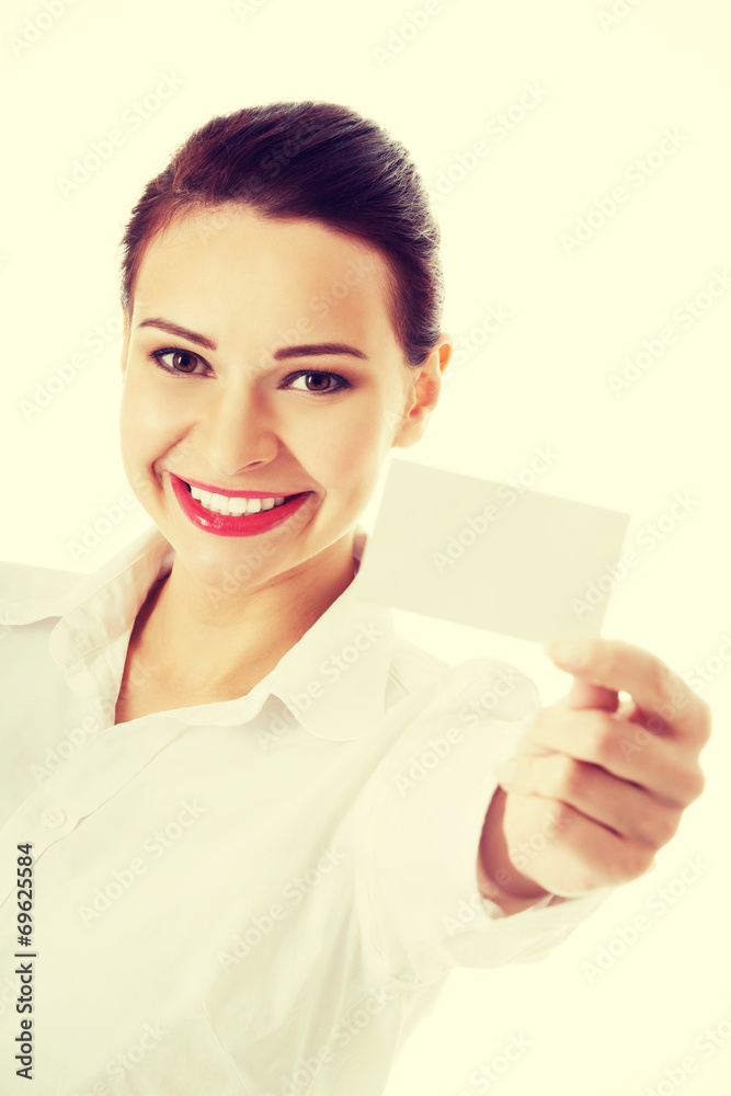 Beautiful business woman holding personal card. Beautiful business woman holding personal card.