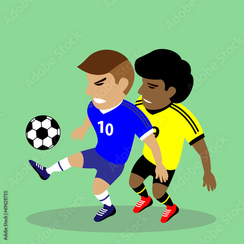 Two soccer players fighting for a ball
